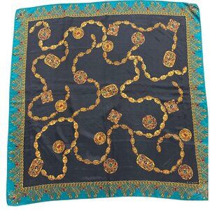 Vintage Echo Square Scarf Jewel Chain Print Blue & Gold Design 34.5"x34.5" Silk